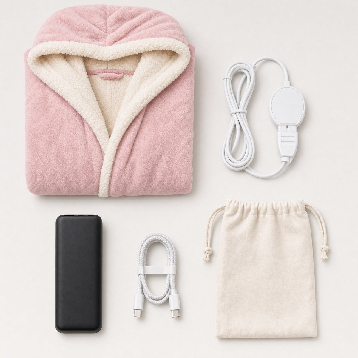 Robe, clip-on controller, power bank, cable and pouch